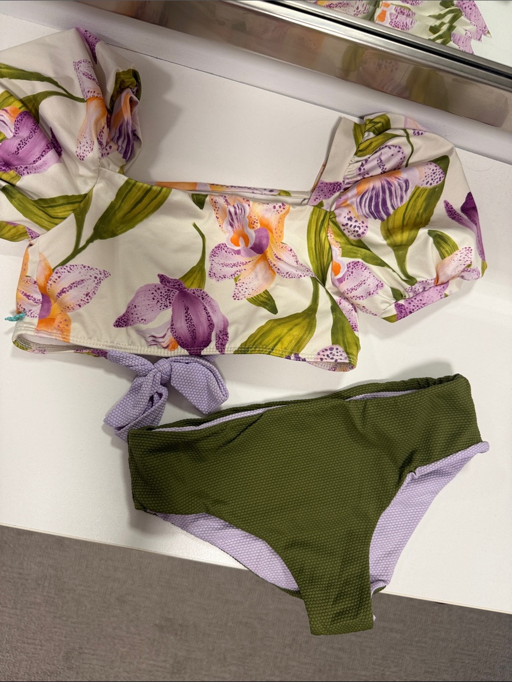 Floral Puff-Sleeve Bikini Top with Olive & Lilac Bottoms